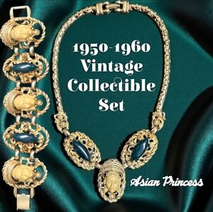 Vintage Collectible Princess Face Mask Costume Jewlery Set w/ Faux Jade & Pearls